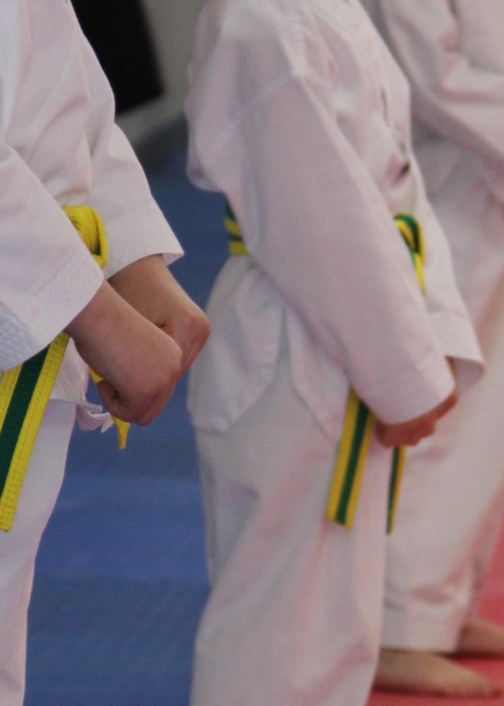 Midwest Tae Kwon Do kids in gi on the mat close up of fists.